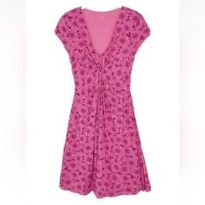 Garnet Hill Size 12 Pink FLoral V Neck Cap Sleeve Jersey Knit Dress Cotton GUC